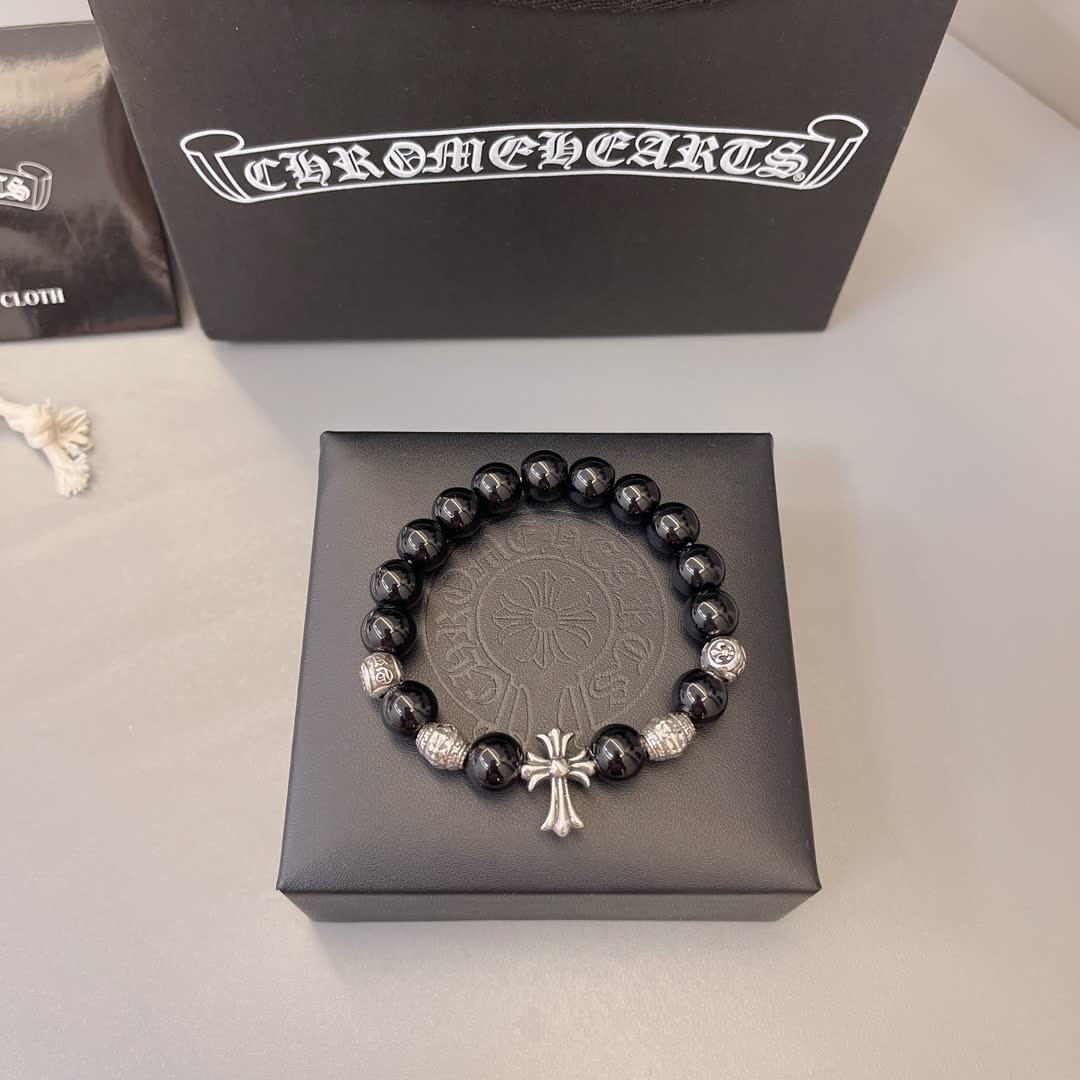 Chrome Hearts Black Bead Bracelet with Cross Chrome Hearts Black Bead Bracelet with Cross